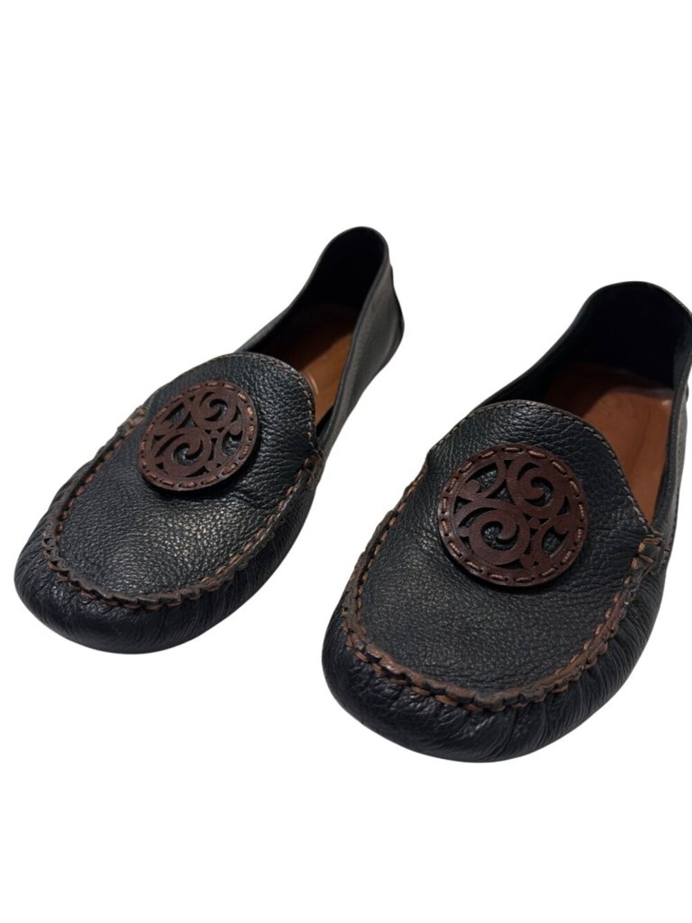 Brighton Native Black Brown Leather Flats Driving Shoes Medallion Slip On Size 8